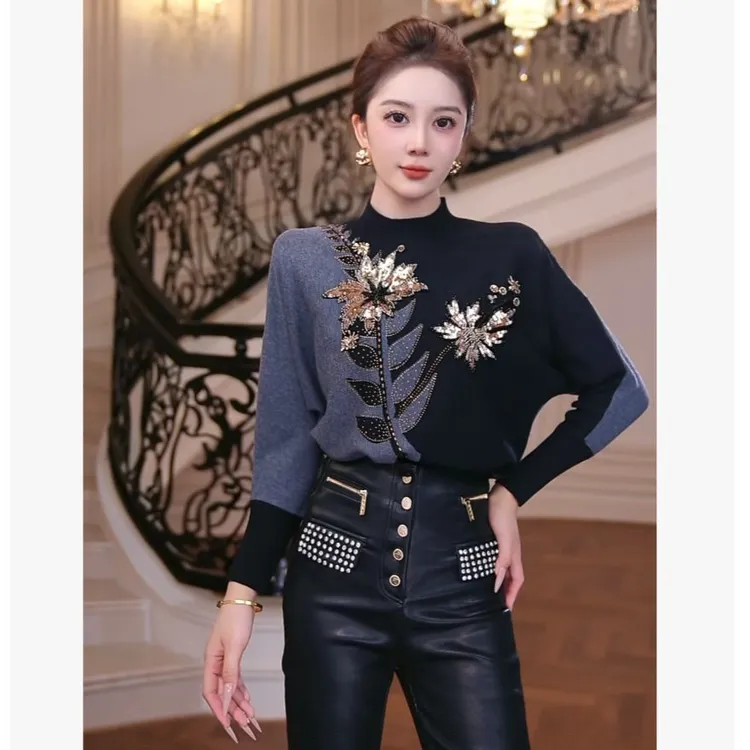 【芙娜妮】2025新款拼接黑金针织衫圆领保暖秋冬洋气上衣F2531102A