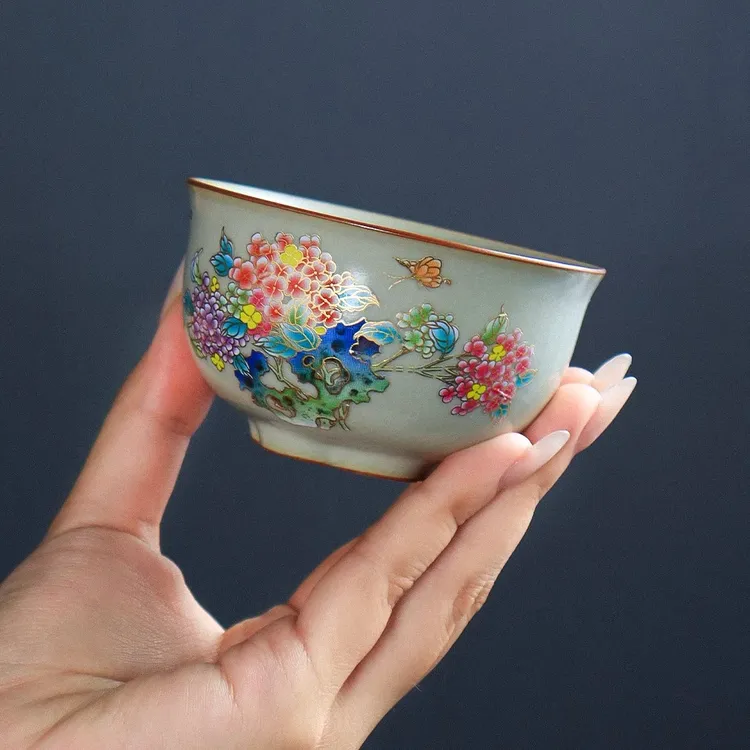 遇热变色高档汝窑主人杯家用送礼品茶器珐琅彩大号茶杯可开片茶盏