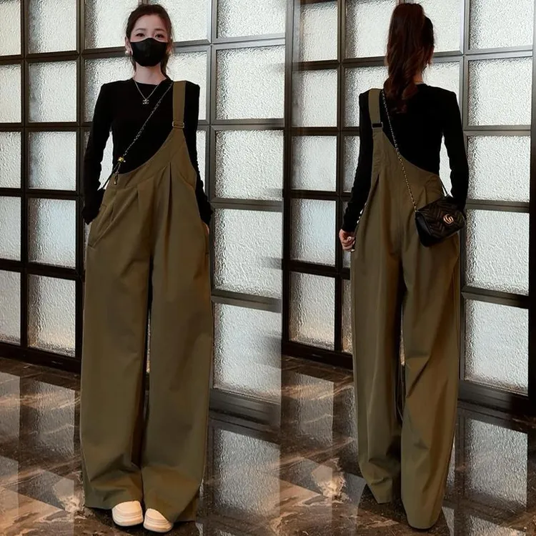 超好看时尚洋气工装裤套装女2025春秋新款显瘦减龄长袖T恤背带裤