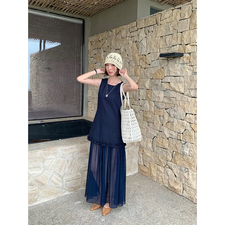 2025夏季韩系气质圆领无袖显瘦背心连衣裙女拼接长裙洋气穿搭裙子