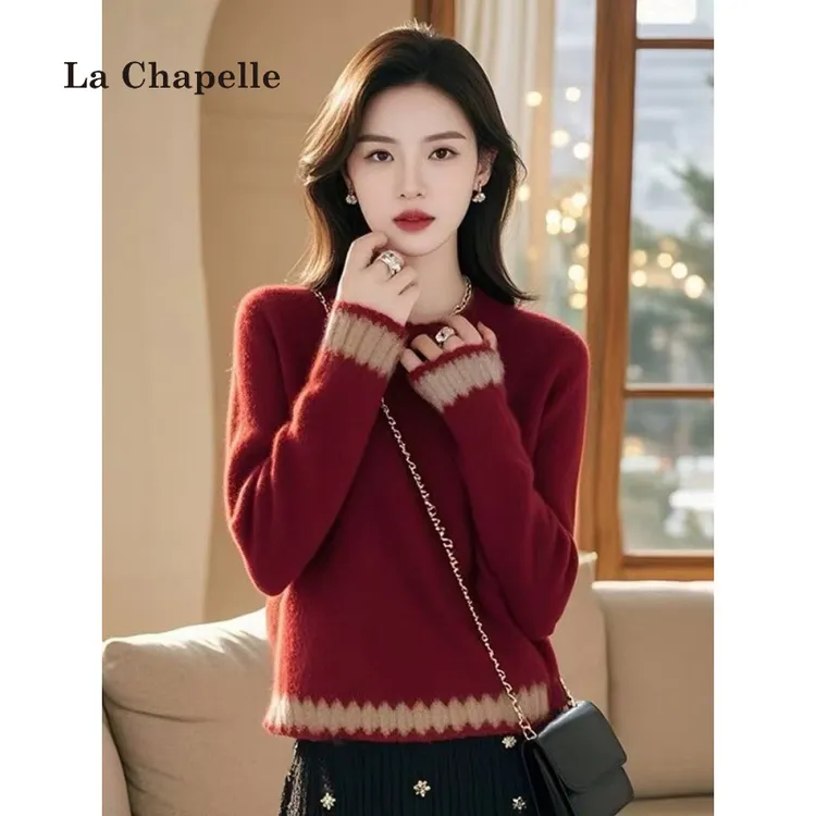 拉夏贝尔今年流行漂亮慵懒高级感韩系宽松酒红色套头厚毛衣女秋冬