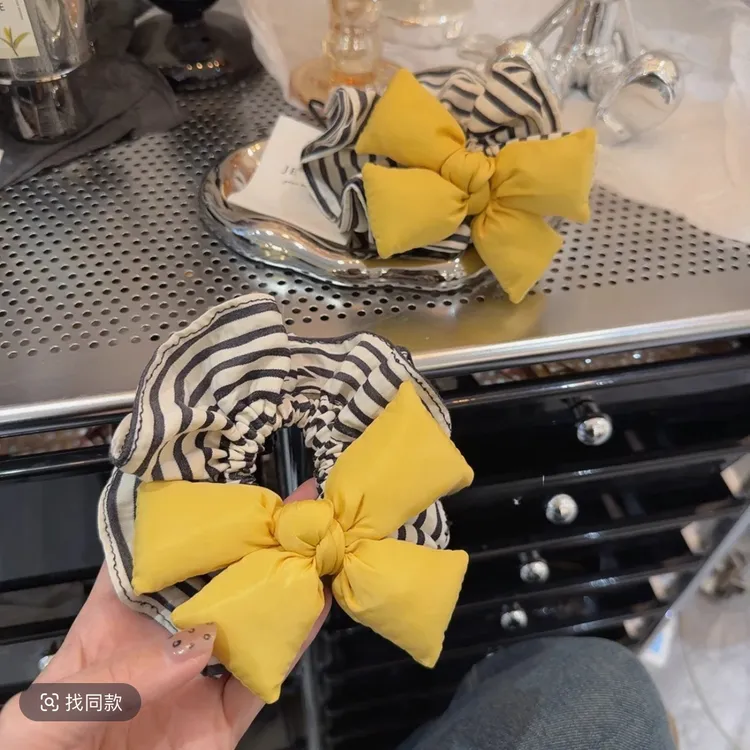 韩国时尚奶黄色蝴蝶结立体充棉大肠圈气质百搭睡眠发圈扎头发发饰