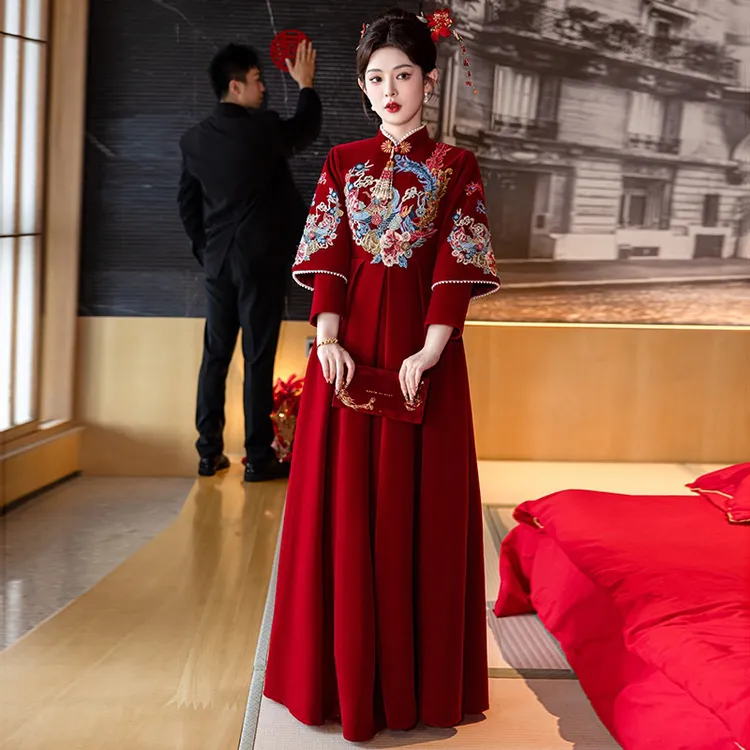 中式孕妇连身秀禾服敬酒服新款2026新娘高腰遮肚子大尺码胖mm加厚