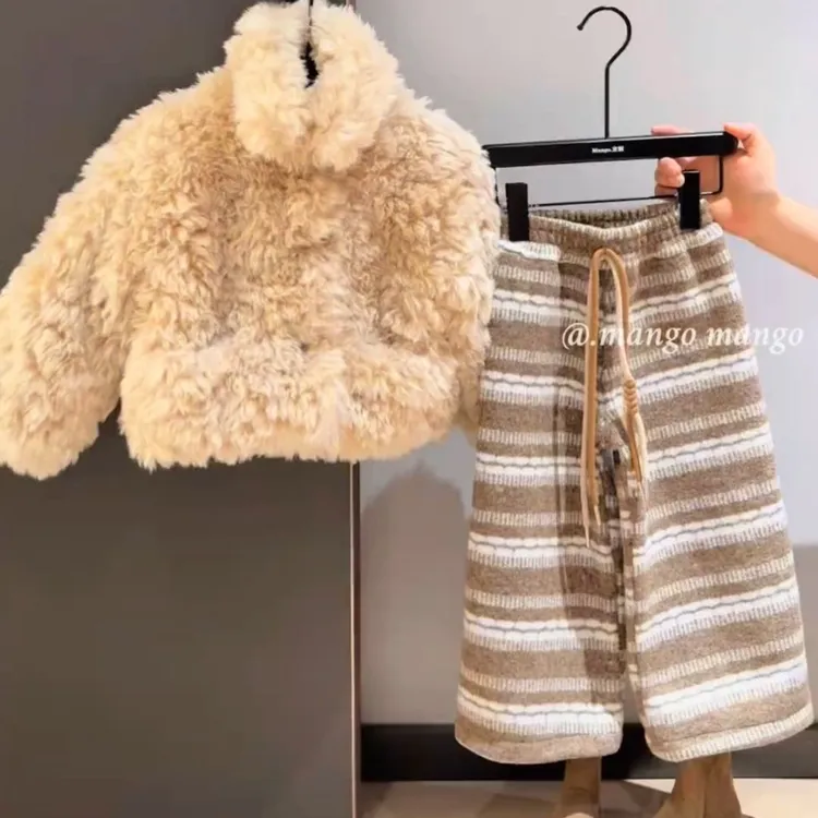 女童冬款毛毛外套套装2025新款儿童韩版软糯毛茸茸加绒阔腿裤两件