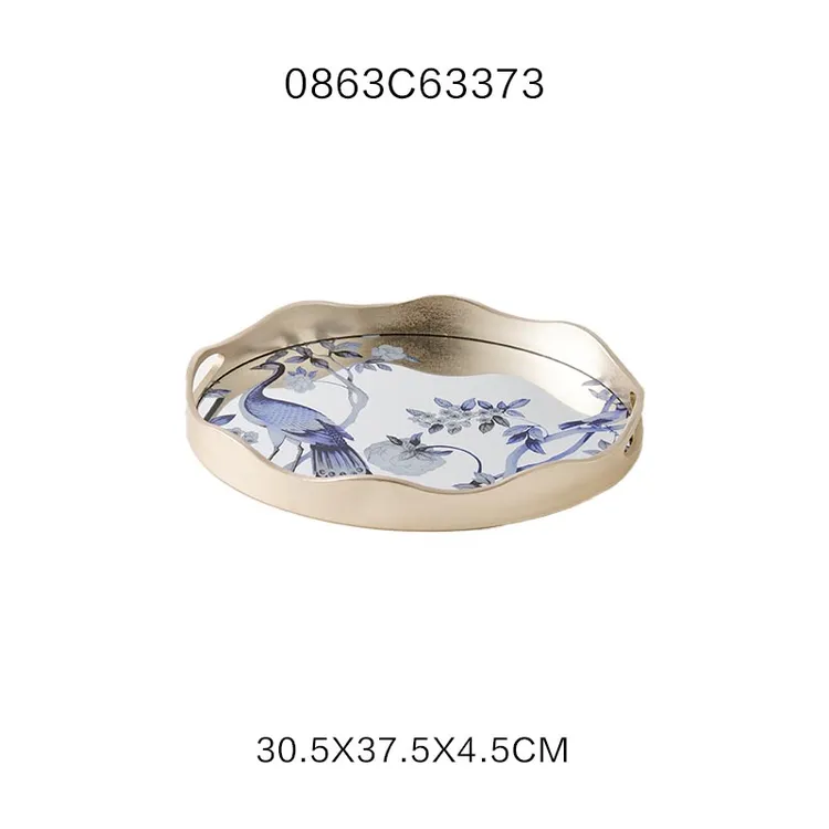 【莞尔推荐】淡金色浪沿青花雀影镜面椭圆形托盘#63373