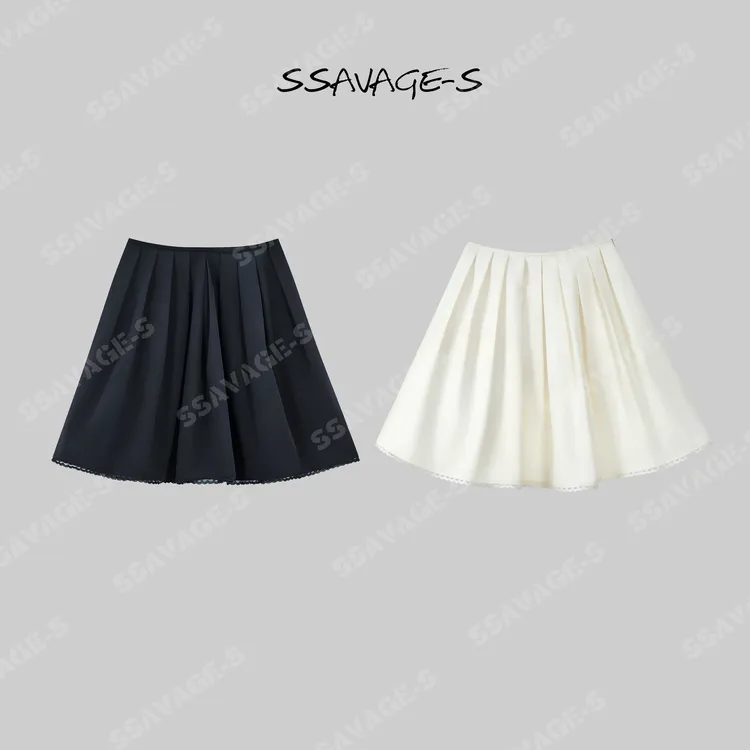 SSAVAGE“黑褶蕾丝序”黑色百褶蕾丝边A字半身裙SS91192