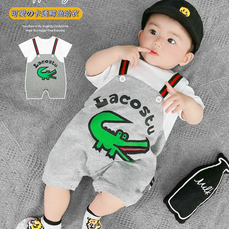 婴幼儿半袖装假两件连体衣卡通半袖爬服男女宝宝简约时尚外出服宝
