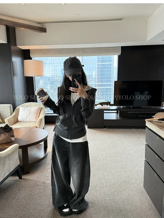 【英区街头】格纹连帽拼接设计感修身百搭秋季针织外套#8663