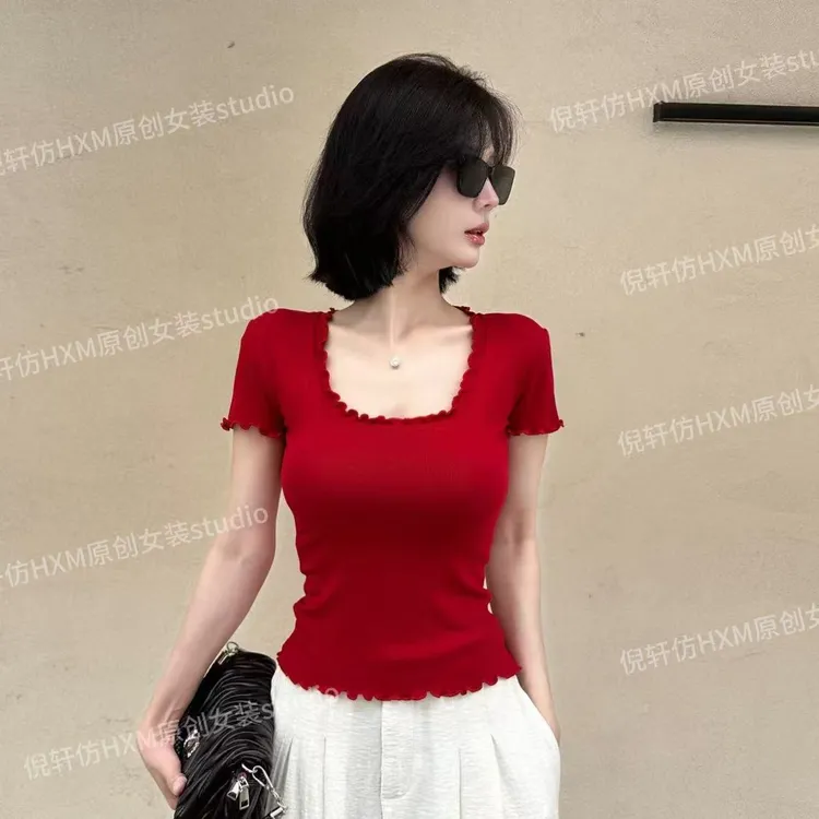 百搭短袖T恤女款爆款夏季纯色修身显瘦设计感木耳边洋气小衫2002