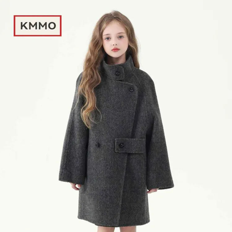 KMMO儿童呢子外套2025秋冬季新款女童双面羊毛大衣中长款加绒加厚