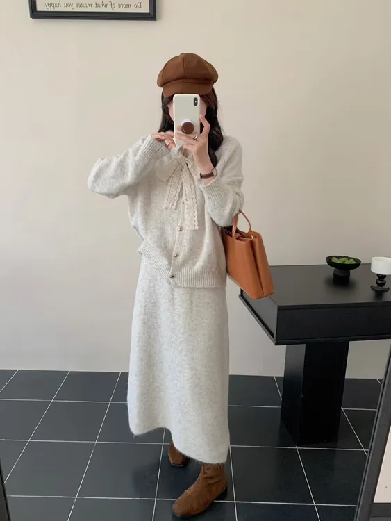 蝴蝶结长袖日式千金甜美慵懒风针织毛衣开衫外套高腰长裙两件套装