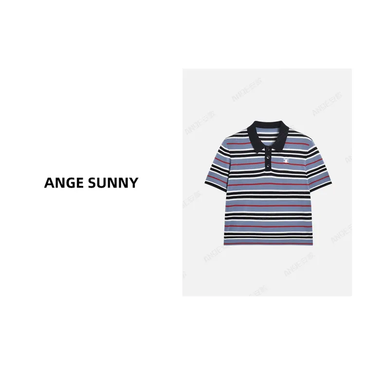 ANGE SUNNY【金智媛同款 凯旋门POLO衫】撞色条纹翻领短袖上衣