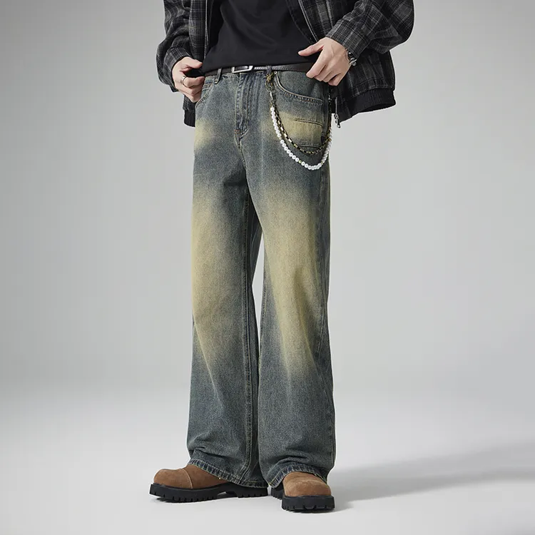 MANJUSTIC春季新款高街水洗牛仔裤男美式直筒宽松cleanfit休闲裤