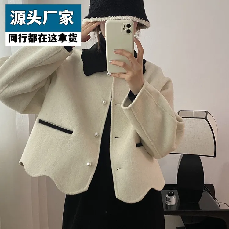 梵乐芬2025年秋冬新款双面羊绒大衣女短款撞色领小个子加厚毛呢子
