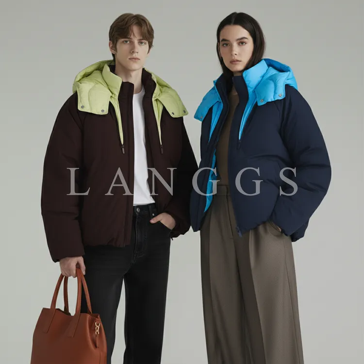 LANGGS&浪叔 25冬季白鸭绒撞色连帽男女同款羽绒服-68183+68183-1