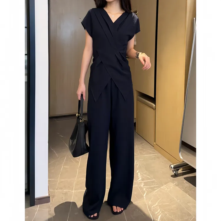 【XINRU心如】慵懒套装女高级感交叉收腰上衣宽松阔腿裤休闲两件套