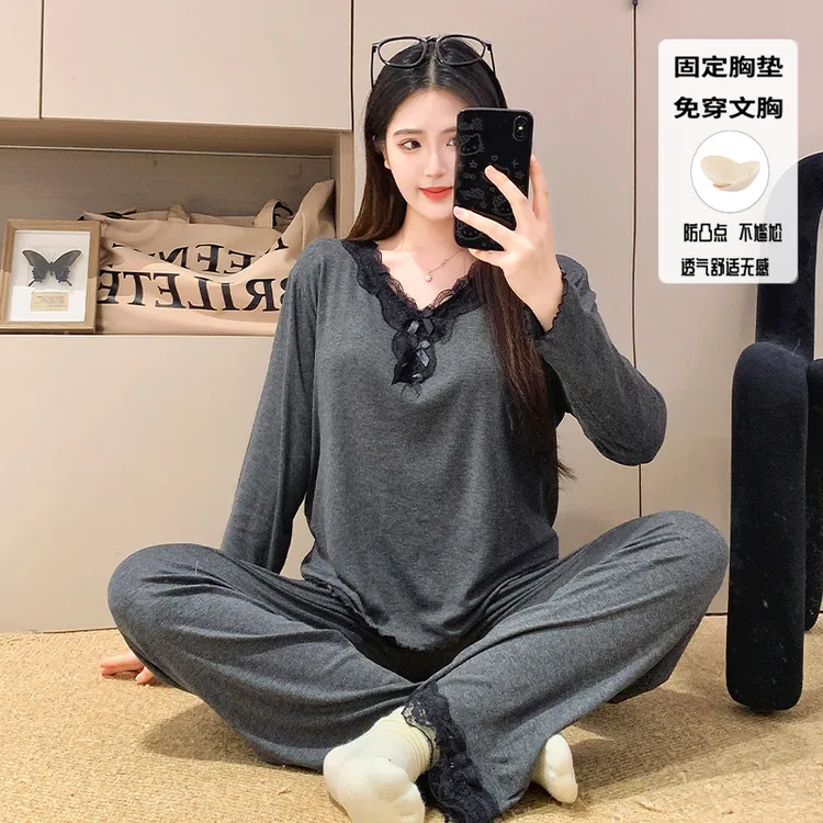 春秋季莫代尔女士套头睡衣带胸垫长袖长裤慵懒风可外穿家居服套装