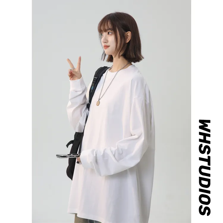 秋冬季纯色宽松纯棉长袖T恤男宽松cleanfit落肩袖学生打底衫