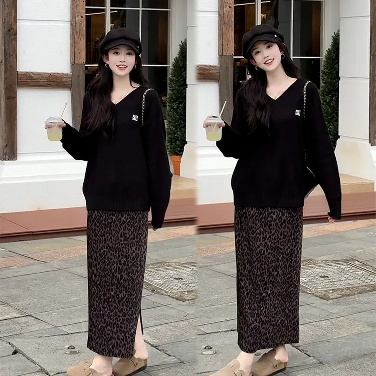 早秋新款设计感ins风韩系复古v领针织衫上衣女搭豹纹半身裙两件套