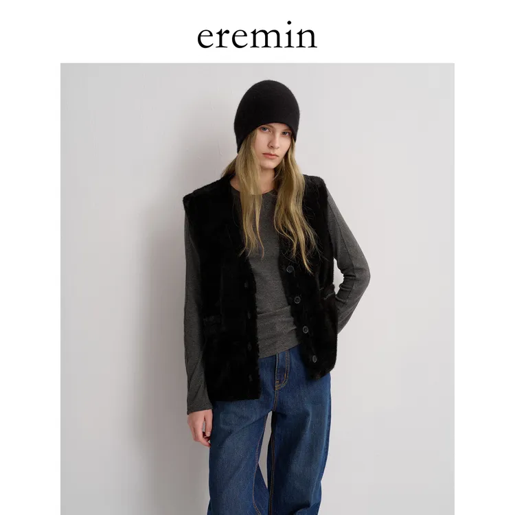 DE Mincollection毛茸马甲/V领舒适百搭叠穿环保皮草马甲55922