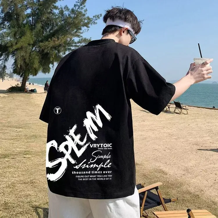 美式t恤宽松大码痞帅夏季圆领hiphop黑色系落肩上衣字母印花半袖