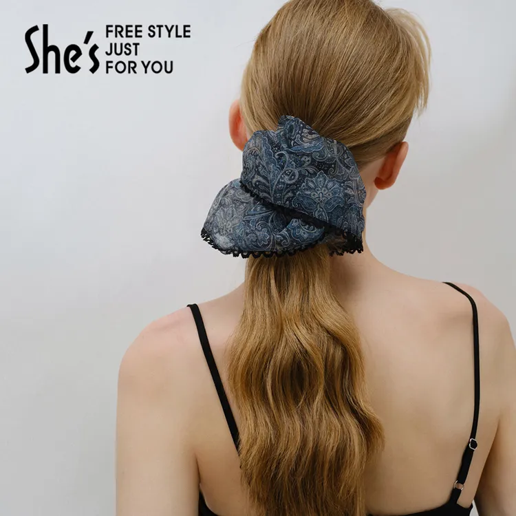 shes轻简复古花纹桑蚕丝盘发发圈马尾发绳高级感发饰头饰头