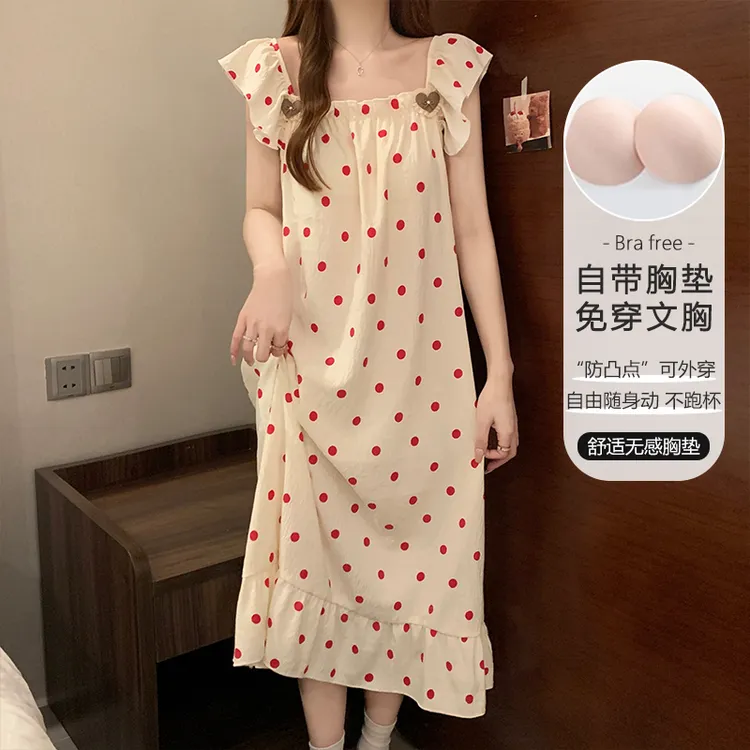 睡裙夏季短袖带胸垫甜美可爱ins公主风睡衣女士纯棉连衣裙家居服