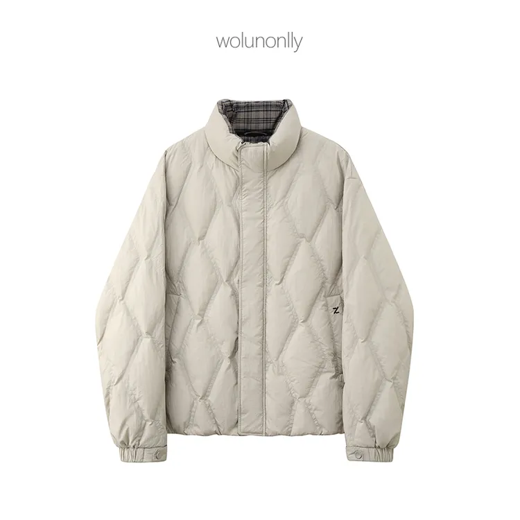 冬季90绒通勤不规则压线短款刺绣点缀纯色立领羽绒服外套男女同款