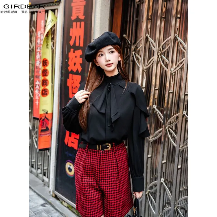 GIRDEAR/哥弟新款宫廷法式气质百搭休闲飘逸衬衫(附领带)女130079