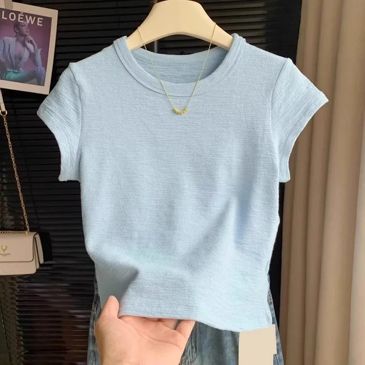 蓝色肌理感正肩短袖T恤女2025夏季穿搭简约修身百搭圆领体恤上衣