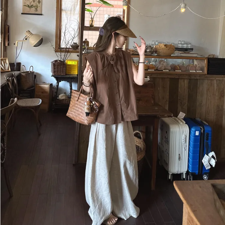 系带领慵懒显瘦减龄又时髦宽松短袖衬衫上衣搭配百搭休闲裤套装女