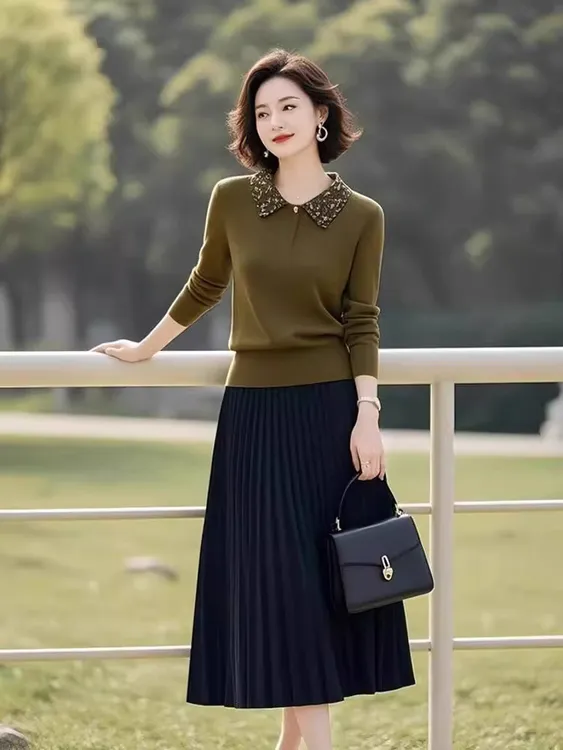慵懒风气质独特漂亮小个子橄榄绿针织衫半身裙2025年新款女装套装