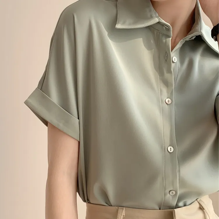 polo职业纯色气质绸缎上衣通勤衬衣白色缎面短袖女装衬衫面试正装