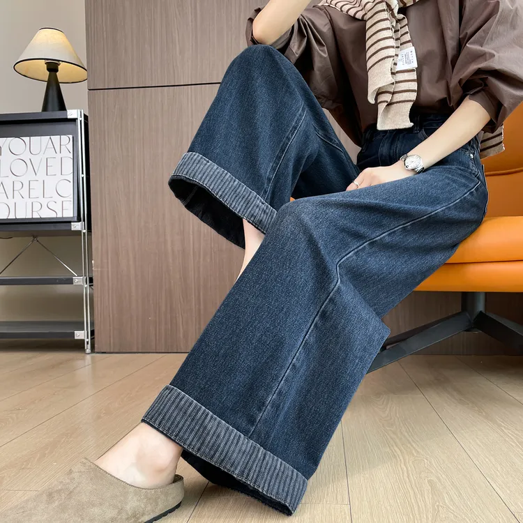 阔腿牛仔裤女高腰宽松春秋季2025新款设计感小个子卷边垂感直筒裤