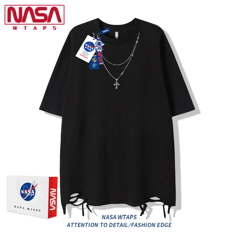 NASA WTAPS夏季美式水洗做旧流苏短袖t恤男款高街潮牌宽松半袖男