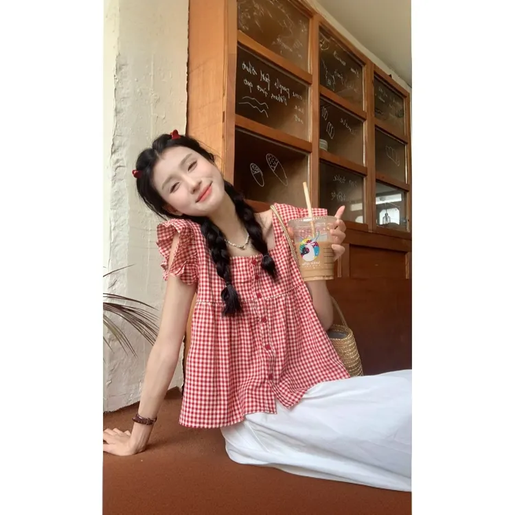 甜美木耳边格子衬衫小飞袖娃娃衫上衣女装夏季新款设计感小众衬衣