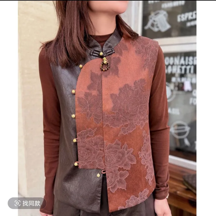 MUBINE 秋冬新款气质复古高端蛋白皮拼接新中式国风马甲 25308