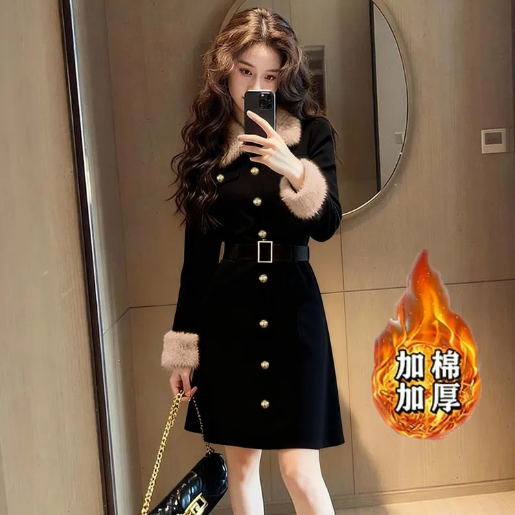 腰带小香风咖色毛领连衣裙女冬名媛高级感时髦洋气掐腰裙子气质