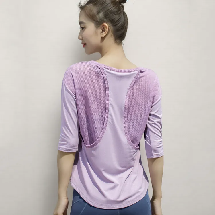 网孔拼接美背透气宽松瑜伽罩衫女速干圆领跑步健身服运动中袖上衣
