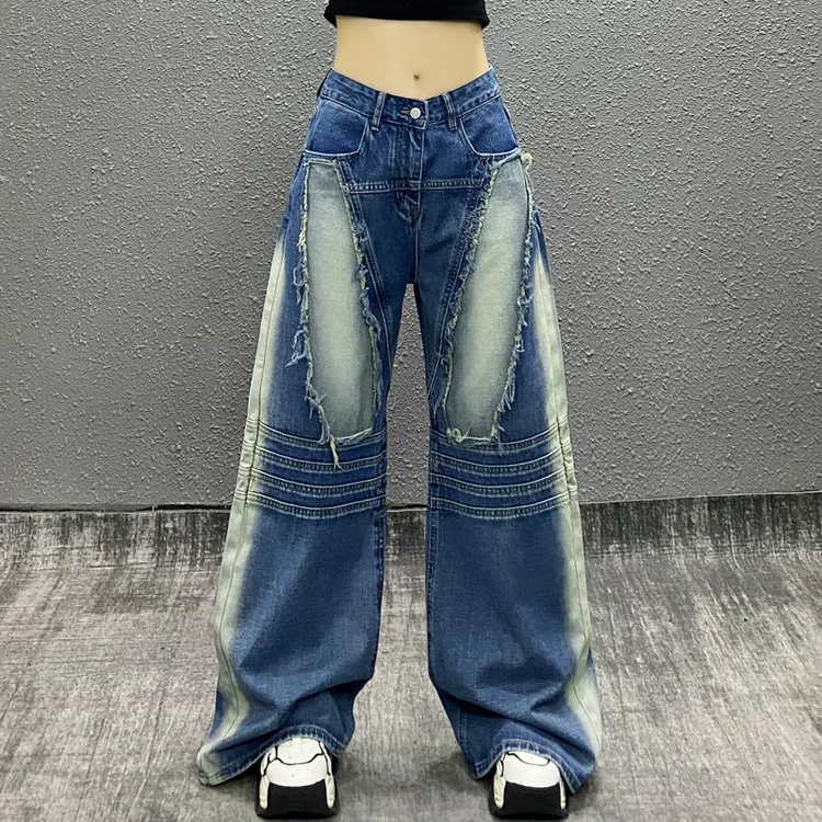 潮牌拼接设计水洗拼色牛仔裤女春新款高腰宽松显瘦百搭直筒阔腿裤