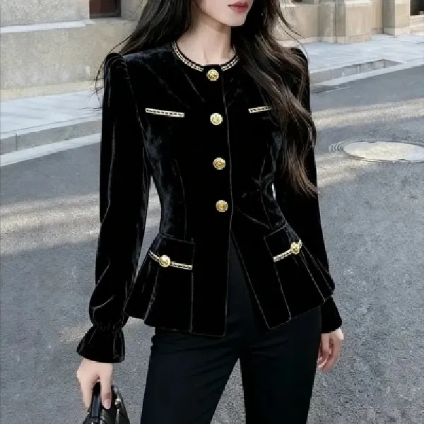 独特漂亮法式小衬衫高级感轻奢减龄洋气巨好看掐腰黑色丝绒上衣冬