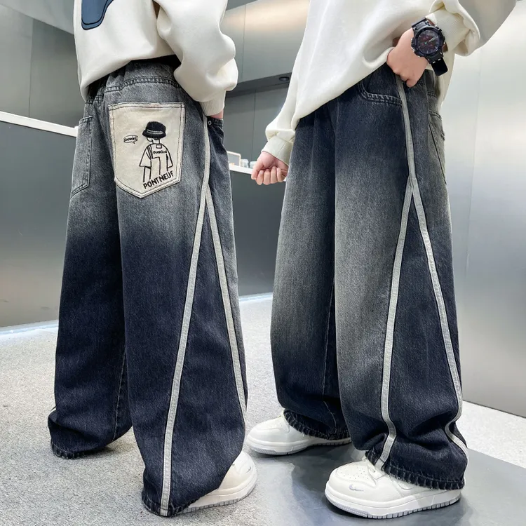 男童裤子秋装2025新款中大童酷帅男孩拼接休闲裤春秋季儿童牛仔裤