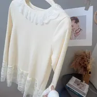 琳心丨秋冬新款杏色休闲百搭时尚气质长袖蕾丝拼接打底衫 5056