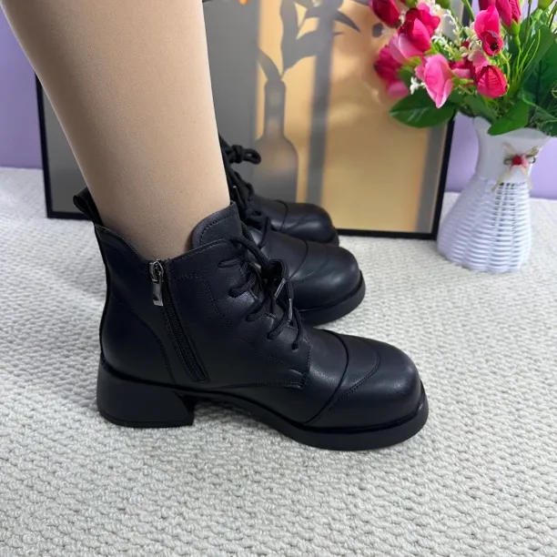 2025年冬季新款女鞋真皮中跟短靴粗跟女靴软皮单靴女士皮靴时尚