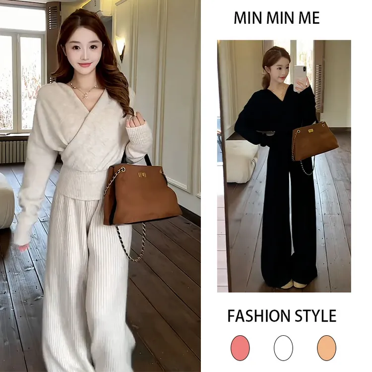 2026春秋季新款慵懒风时尚V领针织修身上衣女+休闲阔腿裤两件套潮