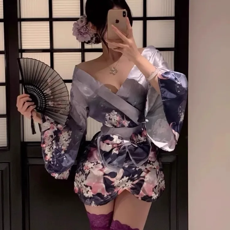 性感深v日式和服睡衣女二次元碎花纯欲性感睡裙