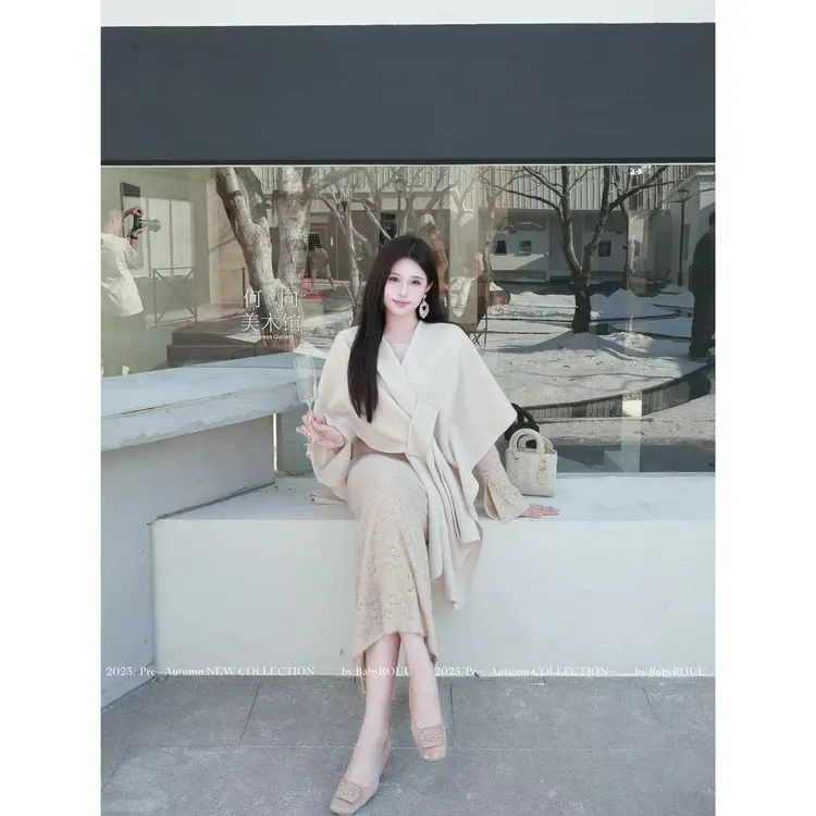 【月下洛神】温与柔针织性感法式空气褶显瘦连衣裙长袖显瘦名媛