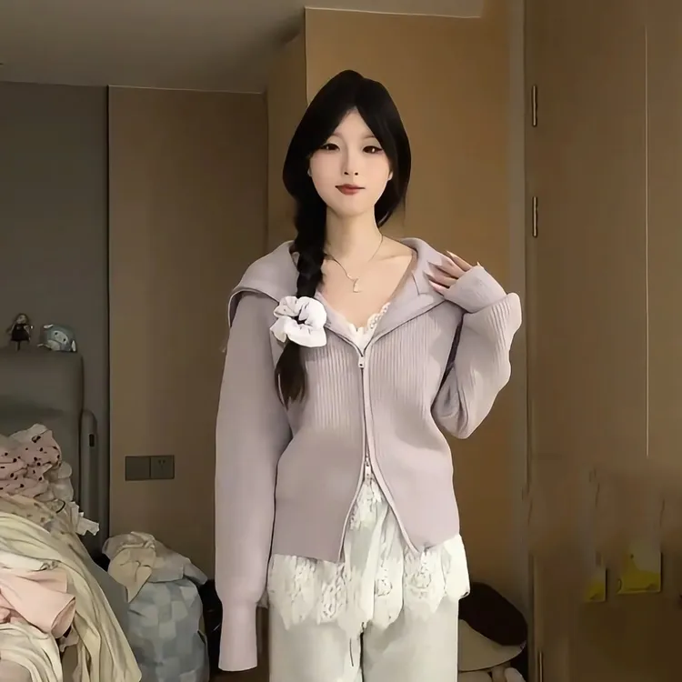 1147大码胖mm秋冬韩系大翻领拉链针织开衫宽松软糯减龄毛衣外套女