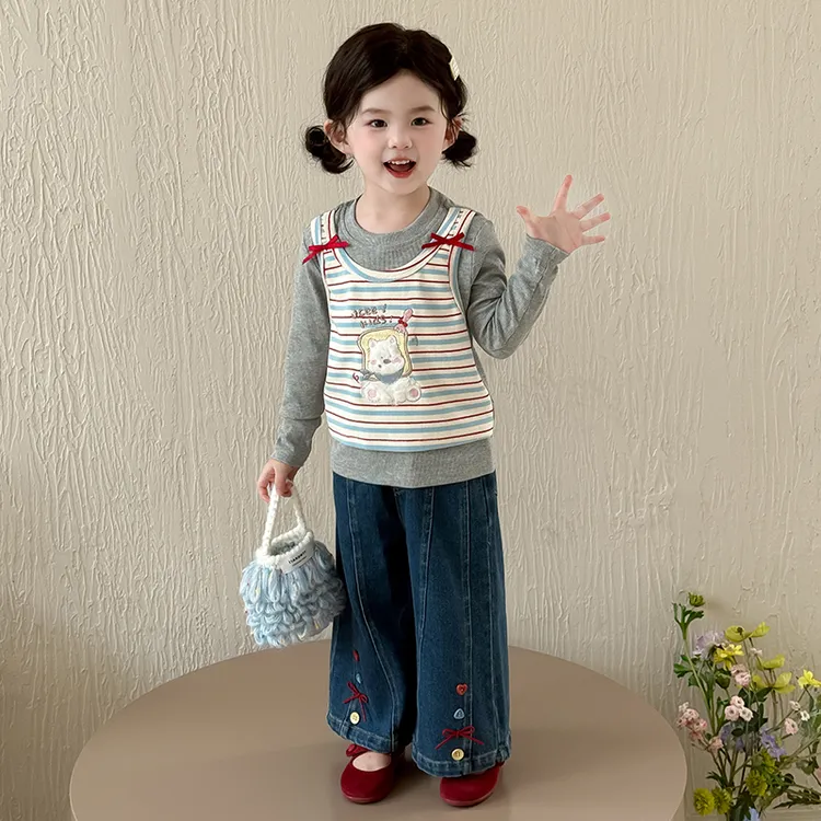 女童套装春秋装2025新款儿童条纹打底衫牛仔裤洋气宝宝韩版两件套
