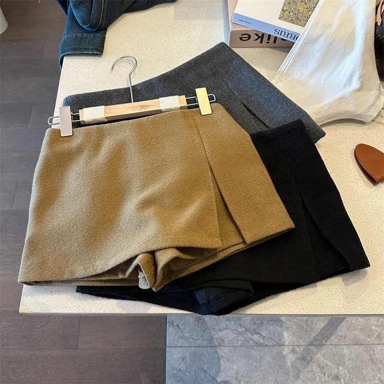 中古m1u系 双层开叉毛呢半身防走光裙裤简约A字半裙女短款包臀裙